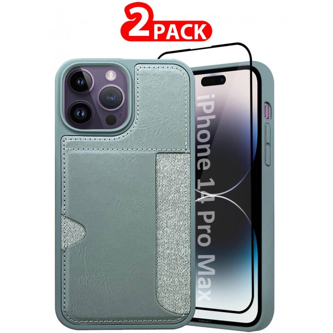 MARGOUN iPhone 14 Pro Max 2Packs Case Leather Antifingerprint Cover with Wallet Card Slot Shell, Side Insert Card Holder, Anti Fall Protection - Grey Grey-2