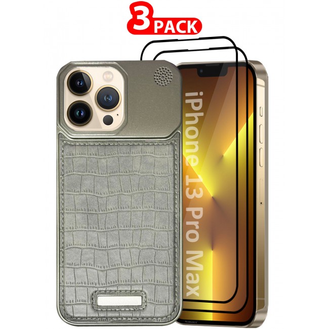 MARGOUN iPhone 13 Pro Max Case Leather Metal Design, Slim Lightweight Minimalist Cover, 1 Case, 2 Screen Protectors - Pack of 3 - Greyish-3