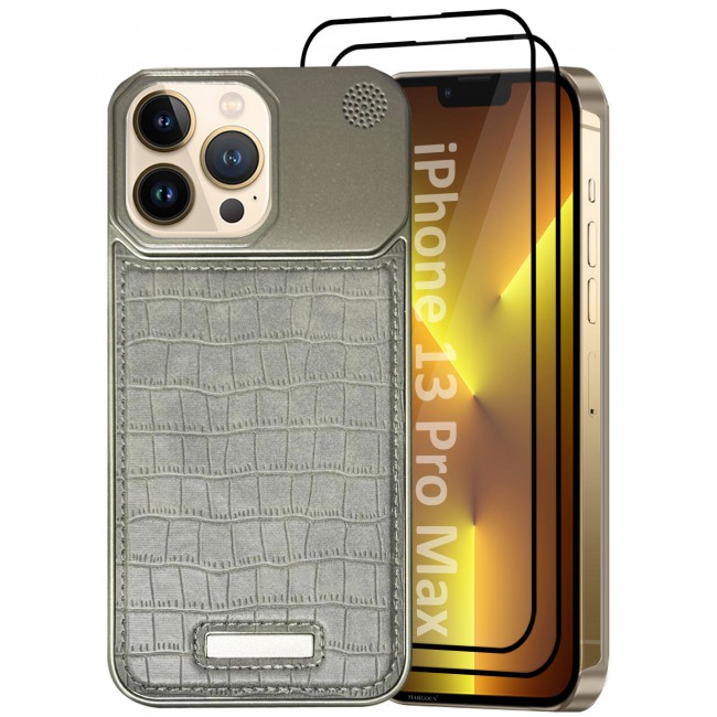 MARGOUN iPhone 13 Pro Max Case Leather Metal Design, Slim Lightweight Minimalist Cover, 1 Case, 2 Screen Protectors - Pack of 3 - Greyish-3