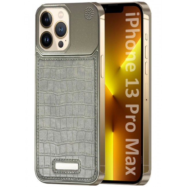 MARGOUN iPhone 13 Pro Max Case Leather Metal Design, Slim Lightweight Minimalist Cover Greyish-1