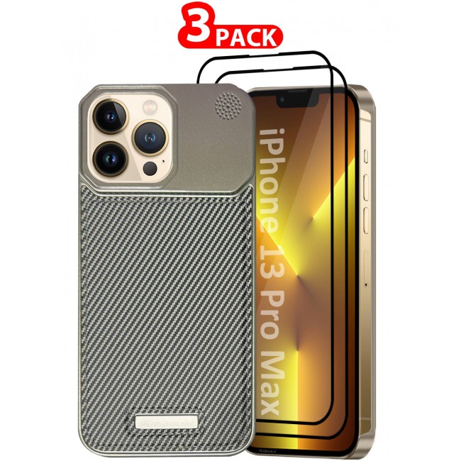 MARGOUN iPhone 13 Pro Max Case Leather Metal Design, Slim Lightweight Minimalist Cover, 1 Case, 2 Screen Protectors - Pack of 3 - Carbon Grey-3