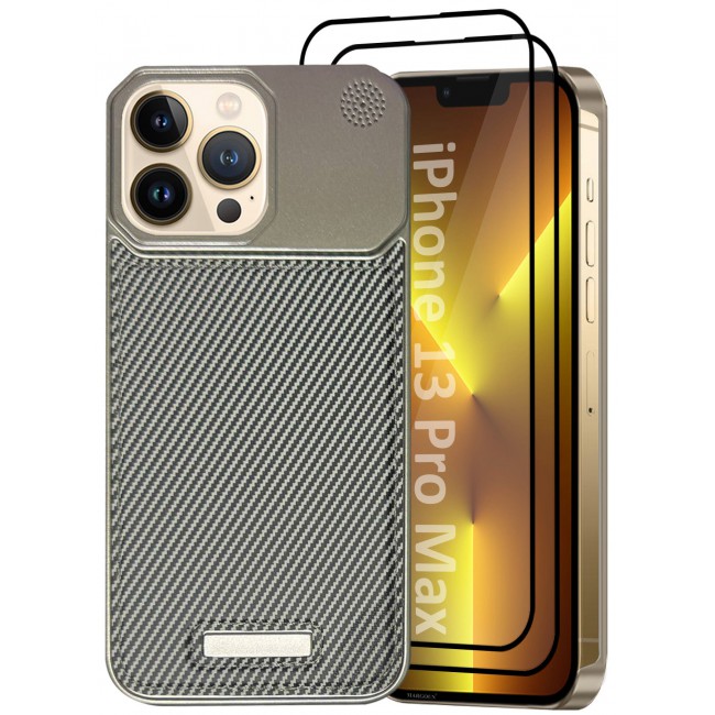 MARGOUN iPhone 13 Pro Max Case Leather Metal Design, Slim Lightweight Minimalist Cover, 1 Case, 2 Screen Protectors - Pack of 3 - Carbon Grey-3