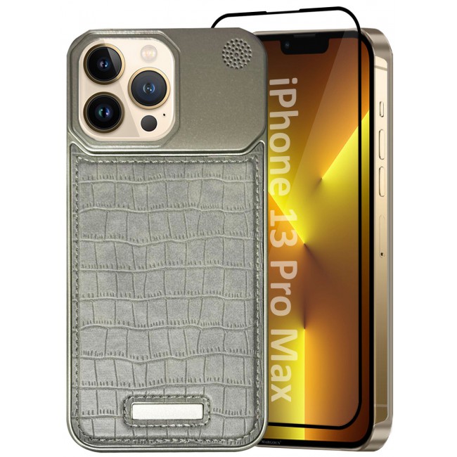 MARGOUN iPhone 13 Pro Max Case Leather Metal Design, Slim Lightweight Minimalist Cover,1 Case 1 Screen Protector - Pack of 2 - Greyish-2