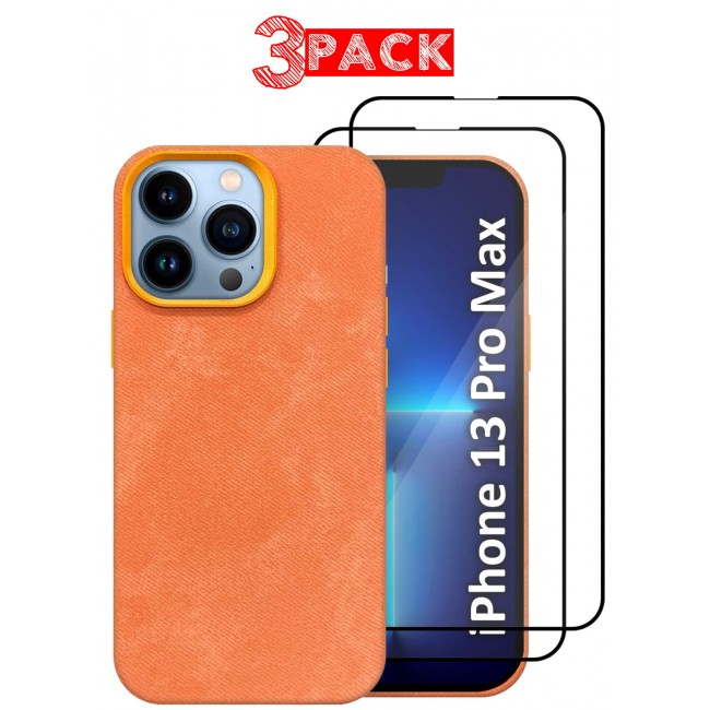 MARGOUN 3Packs iPhone 13 Pro Max Alcantara Case Cover Premium Quality Luxurious Soft Touch Protection with Metal Camera Frame with Two 3D Screen Protectors - Orange Orange-3