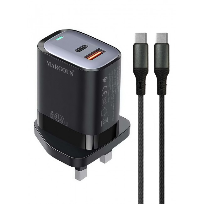 MARGOUN 45W Power Adapter Duo, Dual USB-C & USB-A Ports, PD & QC Super Fast Charging With Cable Type-C for Apple iPhone 15/16/17 Series Black