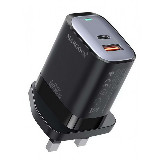 MARGOUN 45W Power Adapter Duo, Dual USB-C & USB-A Ports, PD & QC Super Fast Charging With Cable Type-C for Apple iPhone 15/16/17 Series Black