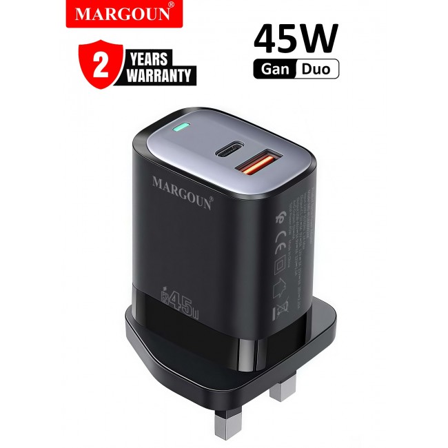 MARGOUN 45W Power Adapter Duo, Dual USB-C & USB-A Ports, PD & QC Super Fast Charging Black