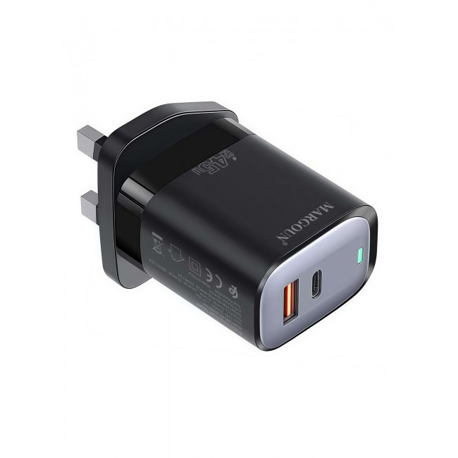 MARGOUN 45W Power Adapter Duo, Dual USB-C & USB-A Ports, PD & QC Super Fast Charging Black