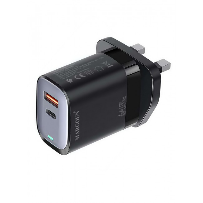 MARGOUN 45W Power Adapter Duo, Dual USB-C & USB-A Ports, PD & QC Super Fast Charging Black