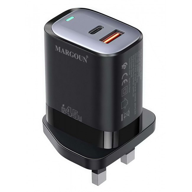 MARGOUN 45W Power Adapter Duo, Dual USB-C & USB-A Ports, PD & QC Super Fast Charging Black