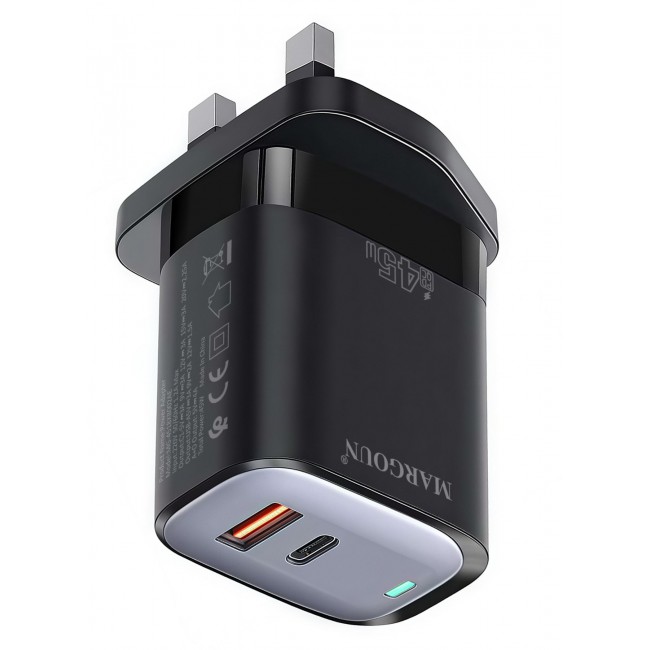 MARGOUN 45W Power Adapter Duo, Dual USB-C & USB-A Ports, PD & QC Super Fast Charging Black
