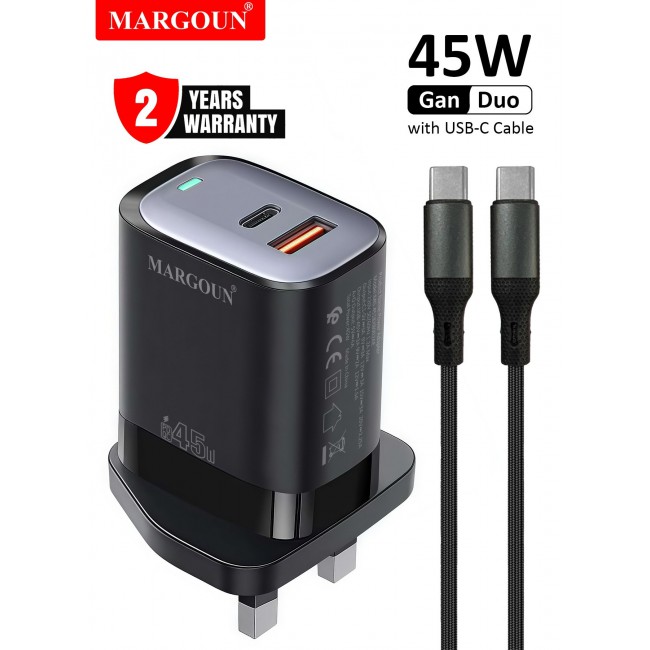 MARGOUN 45W Power Adapter Duo, Dual USB-C & USB-A Ports, PD & QC Super Fast Charging With Cable Type-C for Samsung Galaxy S23/S24/S25 Series Black