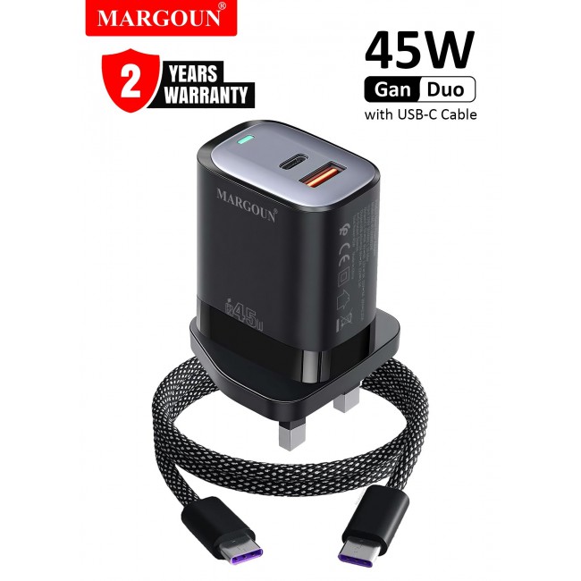 MARGOUN 45W Power Adapter Duo, Dual USB-C & USB-A Ports, PD & QC Super Fast Charging With Cable Type-C for Samsung Galaxy S23/S24/S25 Series Black