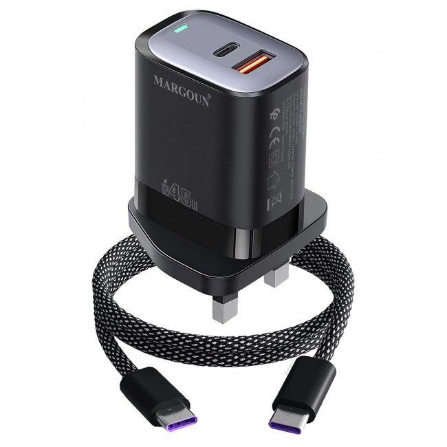 MARGOUN 45W Power Adapter Duo, Dual USB-C & USB-A Ports, PD & QC Super Fast Charging With Cable Type-C for Samsung Galaxy S23/S24/S25 Series Black