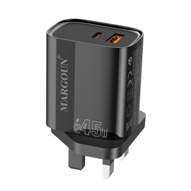 MARGOUN 45W Power Adapter Duo, Dual USB-C & USB-A Ports, PD & QC Super Fast Charging With Cable Type-C for Samsung Galaxy S23/S24/S25 Series Black