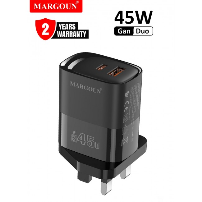 MARGOUN 45W Power Adapter Duo, Dual USB-C & USB-A Ports, PD & QC Super Fast Charging Black