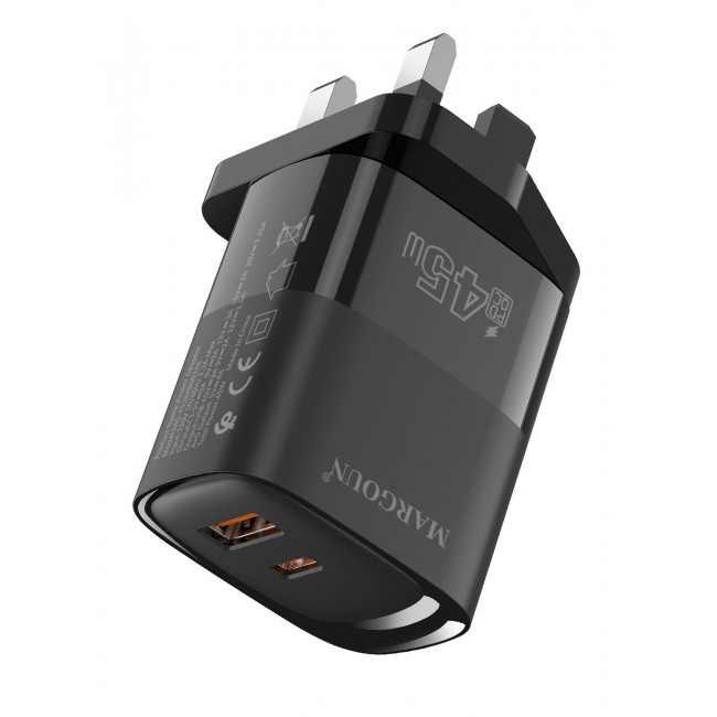 MARGOUN 45W Power Adapter Duo, Dual USB-C & USB-A Ports, PD & QC Super Fast Charging Black