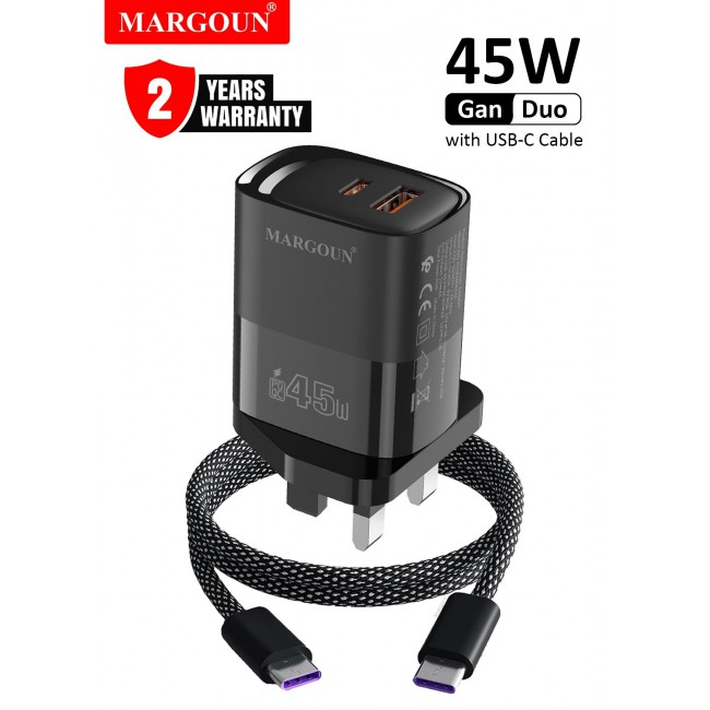 MARGOUN 45W Power Adapter Duo, Dual USB-C & USB-A Ports, PD & QC Super Fast Charging With Cable Type-C for Apple iPhone 15/16/17 Series Black