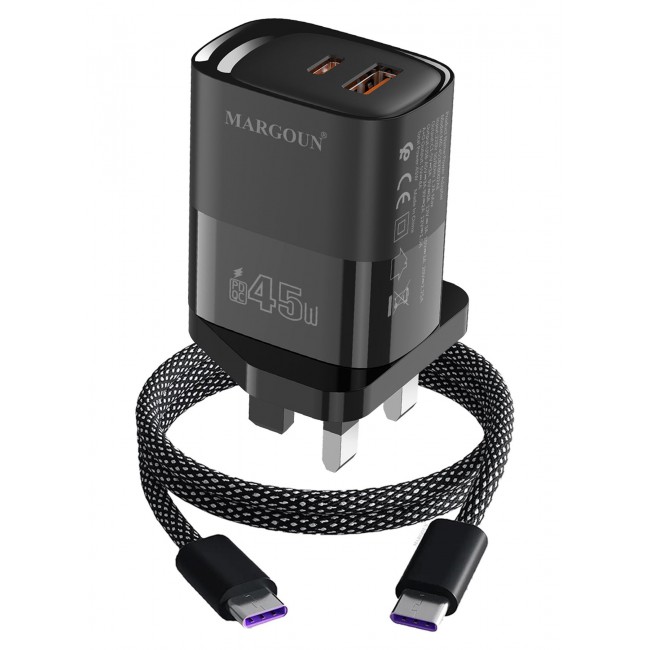 MARGOUN 45W Power Adapter Duo, Dual USB-C & USB-A Ports, PD & QC Super Fast Charging With Cable Type-C for Apple iPhone 15/16/17 Series Black