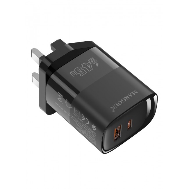 MARGOUN 45W Power Adapter Duo, Dual USB-C & USB-A Ports, PD & QC Super Fast Charging With Cable Type-C for Apple iPhone 15/16/17 Series Black