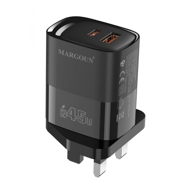 MARGOUN 45W Power Adapter Duo, Dual USB-C & USB-A Ports, PD & QC Super Fast Charging With Cable Type-C for Apple iPhone 15/16/17 Series Black