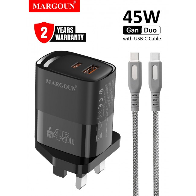 MARGOUN 45W Power Adapter Duo, Dual USB-C & USB-A Ports, PD & QC Super Fast Charging With Cable Type-C for Samsung Galaxy S23/S24/S25 Series Black