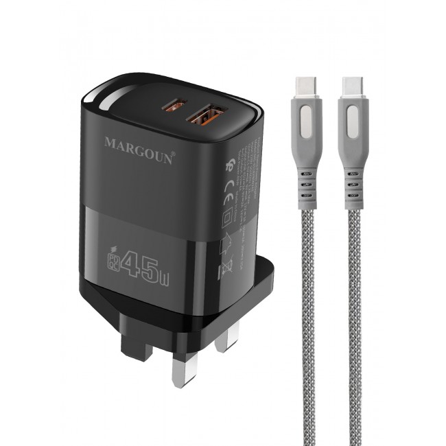 MARGOUN 45W Power Adapter Duo, Dual USB-C & USB-A Ports, PD & QC Super Fast Charging With Cable Type-C for Samsung Galaxy S23/S24/S25 Series Black