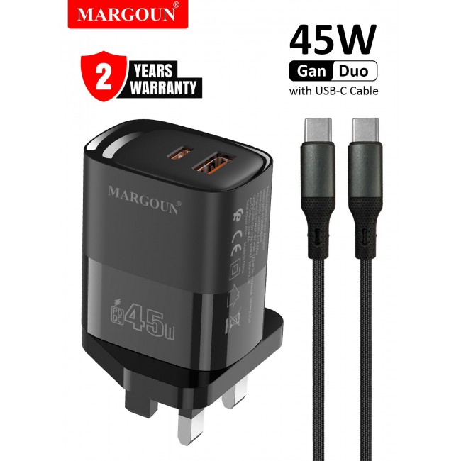 MARGOUN 45W Power Adapter Duo, Dual USB-C & USB-A Ports, PD & QC Super Fast Charging With Cable Type-C for Apple iPhone 15/16/17 Series Black