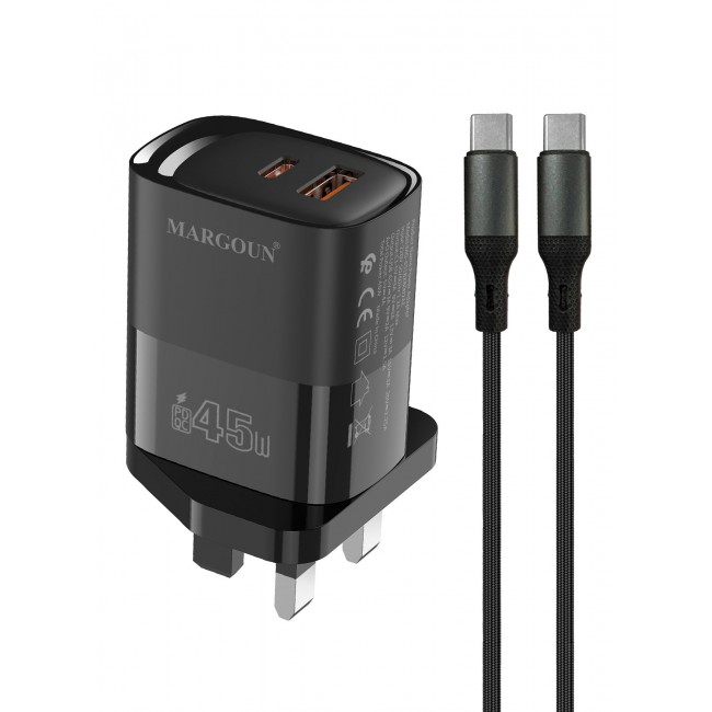 MARGOUN 45W Power Adapter Duo, Dual USB-C & USB-A Ports, PD & QC Super Fast Charging With Cable Type-C for Apple iPhone 15/16/17 Series Black