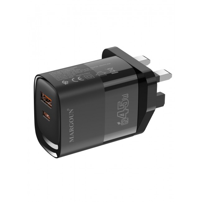 MARGOUN 45W Power Adapter Duo, Dual USB-C & USB-A Ports, PD & QC Super Fast Charging With Cable Type-C for Apple iPhone 15/16/17 Series Black