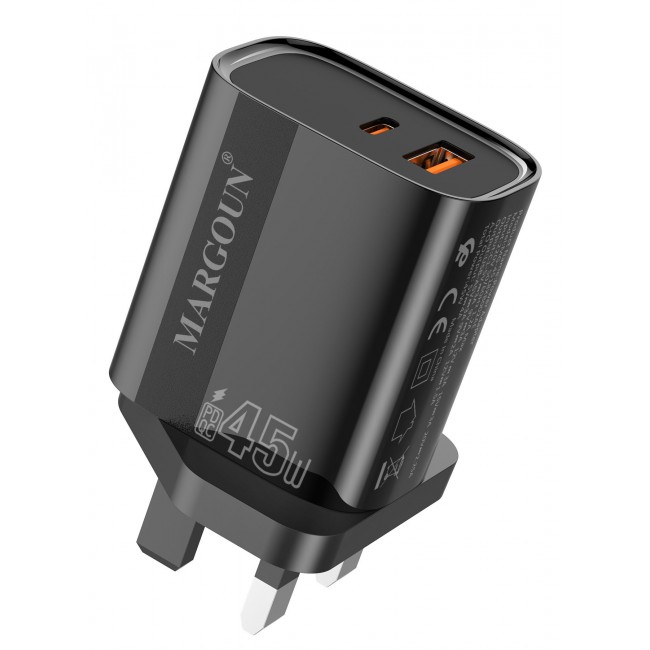 MARGOUN 45W Power Adapter Duo, Dual USB-C & USB-A Ports, PD & QC Super Fast Charging Black