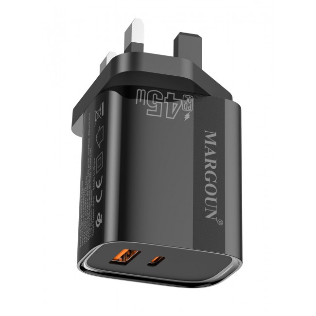 MARGOUN 45W Power Adapter Duo, Dual USB-C & USB-A Ports, PD & QC Super Fast Charging Black