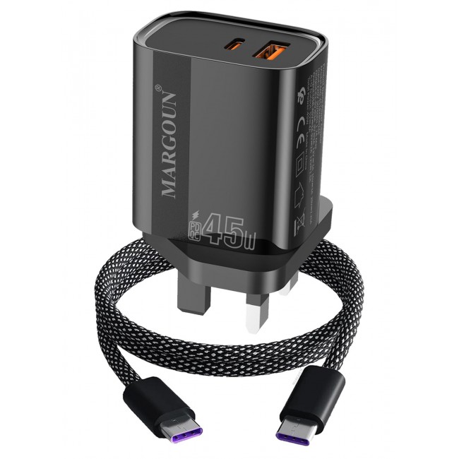 MARGOUN 45W Power Adapter Duo, Dual USB-C & USB-A Ports, PD & QC Super Fast Charging With Cable Type-C for Samsung Galaxy S23/S24/S25 Series Black