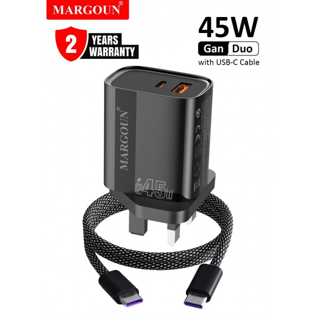 MARGOUN 45W Power Adapter Duo, Dual USB-C & USB-A Ports, PD & QC Super Fast Charging With Cable Type-C for Apple iPhone 15/16/17 Series Black