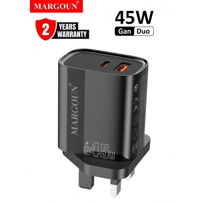 MARGOUN 45W Power Adapter Duo, Dual USB-C & USB-A Ports, PD & QC Super Fast Charging With Cable Type-C for Apple iPhone 15/16/17 Series Black