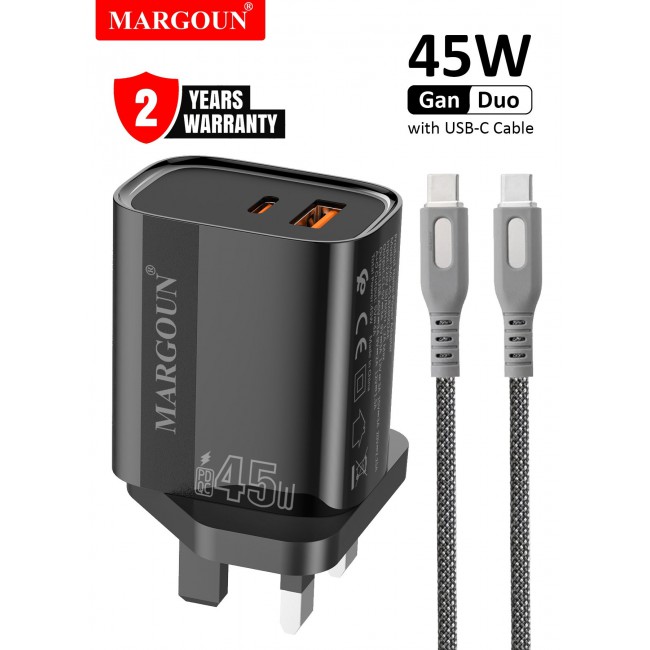MARGOUN 45W Power Adapter Duo, Dual USB-C & USB-A Ports, PD & QC Super Fast Charging With Cable Type-C for Xiaomi 13/14/15 Series Black