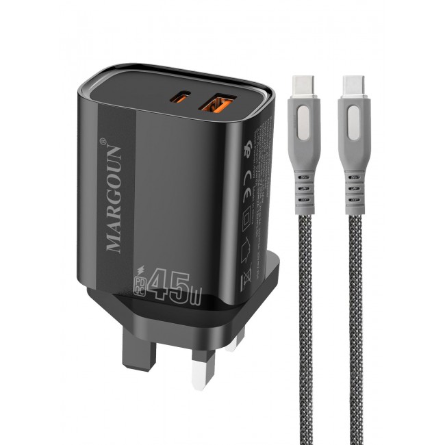 MARGOUN 45W Power Adapter Duo, Dual USB-C & USB-A Ports, PD & QC Super Fast Charging With Cable Type-C for Xiaomi 13/14/15 Series Black