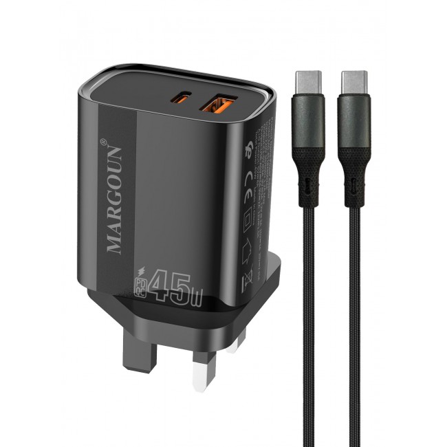 MARGOUN 45W Power Adapter Duo, Dual USB-C & USB-A Ports, PD & QC Super Fast Charging With Cable Type-C for Xiaomi 13/14/15 Series Black