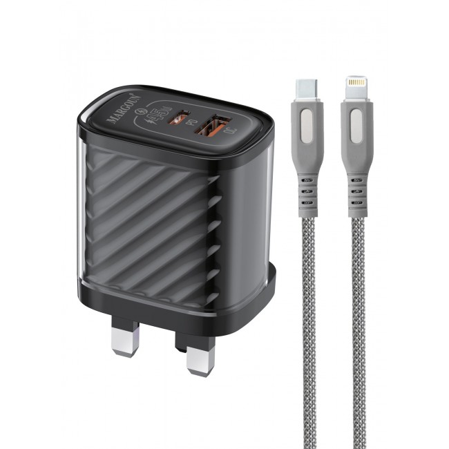 MARGOUN 45W Power Adapter Duo, Dual USB-C & USB-A Ports, PD & QC Super Fast Charging With Cable Type-C for iPhone XS/11/12/13/14 Series Black