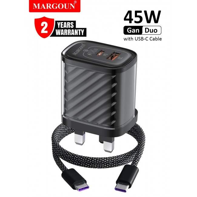 MARGOUN 45W Power Adapter Duo, Dual USB-C & USB-A Ports, PD & QC Super Fast Charging With Cable Type-C for Huawei Pura 70/80 Series Black