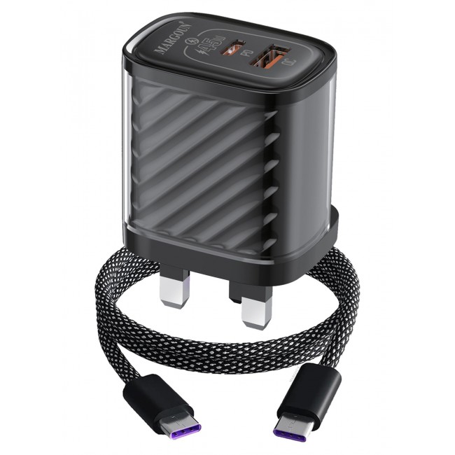 MARGOUN 45W Power Adapter Duo, Dual USB-C & USB-A Ports, PD & QC Super Fast Charging With Cable Type-C for Huawei Pura 70/80 Series Black
