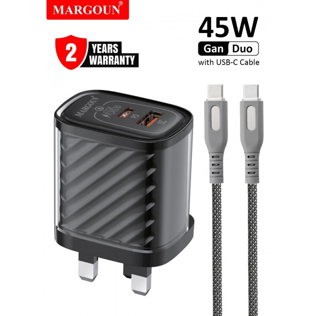 MARGOUN 45W Power Adapter Duo, Dual USB-C & USB-A Ports, PD & QC Super Fast Charging With Cable Type-C for Huawei Pura 70/80 Series Black