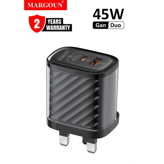 MARGOUN 45W Power Adapter Duo, Dual USB-C & USB-A Ports, PD & QC Super Fast Charging With Cable Type-C for Samsung Galaxy S23/S24/S25 Series Black