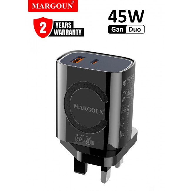 MARGOUN 45W Power Adapter Duo, Dual USB-C & USB-A Ports, PD & QC Super Fast Charging Black