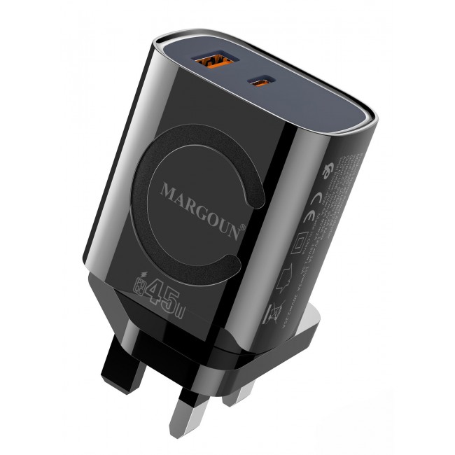 MARGOUN 45W Power Adapter Duo, Dual USB-C & USB-A Ports, PD & QC Super Fast Charging Black