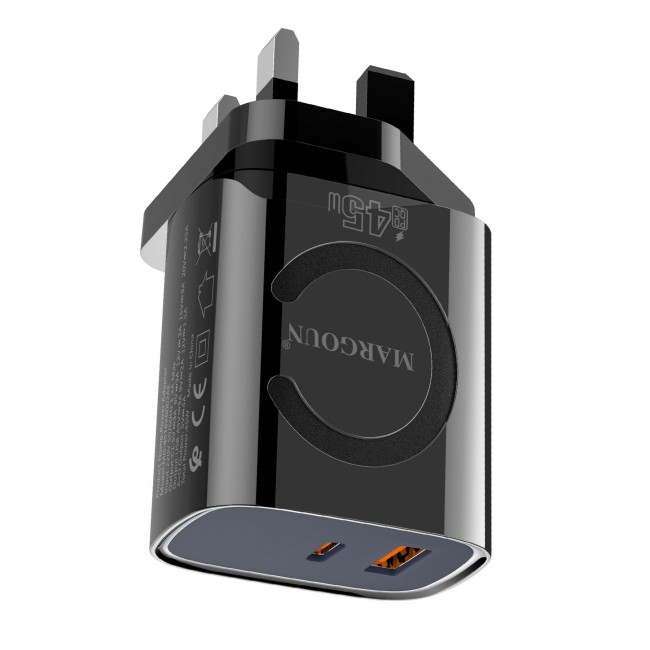 MARGOUN 45W Power Adapter Duo, Dual USB-C & USB-A Ports, PD & QC Super Fast Charging Black