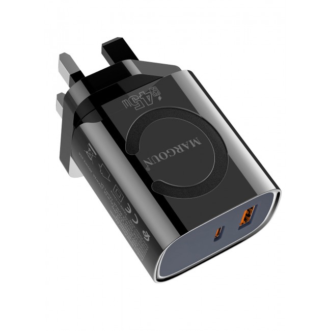MARGOUN 45W Power Adapter Duo, Dual USB-C & USB-A Ports, PD & QC Super Fast Charging Black
