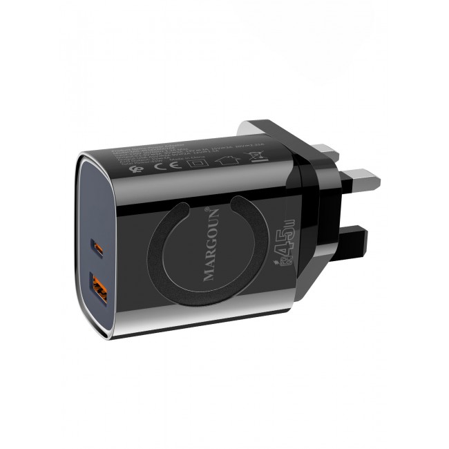 MARGOUN 45W Power Adapter Duo, Dual USB-C & USB-A Ports, PD & QC Super Fast Charging Black