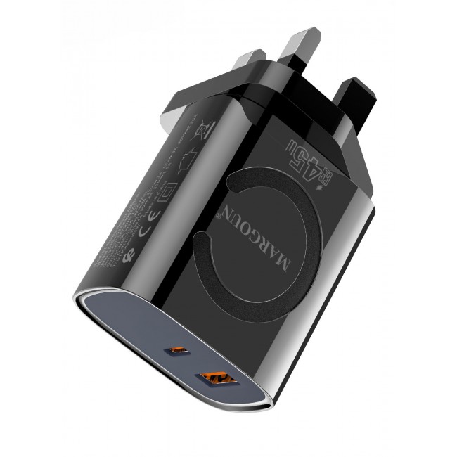 MARGOUN 45W Power Adapter Duo, Dual USB-C & USB-A Ports, PD & QC Super Fast Charging Black