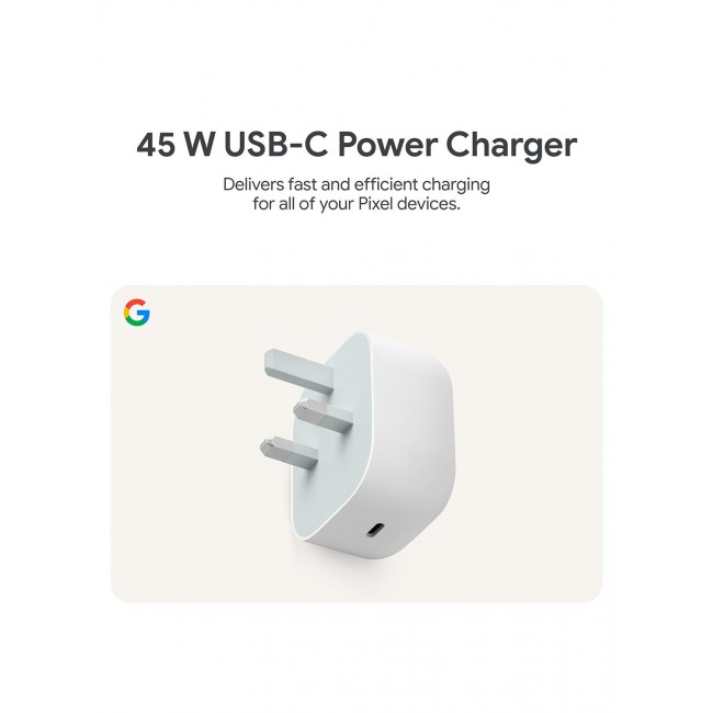Google 45W USB C Power Charger 3 Pin - Fast-Charging Pixel Phone Charger Compatible with Google Products and Other USB-C devices White